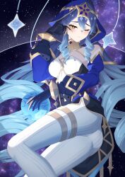 Rule 34 | 1girl, artist request, ass, bare shoulders, blue hair, blue hood, blush, breasts, detached sleeves, drill hair, genshin impact, highres, hood, layla (genshin impact), long hair, looking at viewer, medium breasts, one eye closed, pants, pointy ears, solo, twin drills, very long hair, yellow eyes