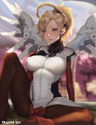 Rule 34 | 1girl, absurdres, arm support, armor, artist name, blonde hair, blue eyes, blurry, blurry background, bodysuit, breasts, brown pantyhose, cherry blossoms, eyes visible through hair, faulds, halo, hand on own chest, high ponytail, highres, large breasts, leaning back, leg up, light smile, looking at viewer, mayrel, mechanical halo, mechanical wings, mercy (overwatch), no shoes, outdoors, overwatch, overwatch 1, pantyhose, pelvic curtain, revision, signature, sitting, solo, spread legs, wings