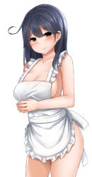 Rule 34 | 10s, 1girl, ahoge, apron, black hair, blush, breasts, brown eyes, cleavage, closed mouth, highres, kantai collection, long hair, looking at viewer, medium breasts, mizushina minato, naked apron, no panties, simple background, solo, ushio (kancolle), white background