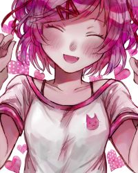 Rule 34 | 1girl, :d, ^ ^, blush, casual, collarbone, commentary, doki doki literature club, closed eyes, facing viewer, fang, hair ornament, hairclip, heart, highres, minazuki (0038), natsuki (doki doki literature club), open mouth, pink hair, pov, short hair, smile, solo focus, upper body