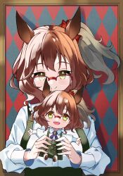 Rule 34 | 1girl, animal ears, argyle, argyle background, argyle clothes, aston machan (umamusume), bespectacled, border, brown border, brown hair, buttons, character doll, closed mouth, commentary request, doll, double-breasted, glasses, green eyes, hair between eyes, highres, holding, holding doll, horse ears, horse girl, looking at viewer, medium hair, official alternate costume, open mouth, purple ribbon, red-framed eyewear, red scrunchie, reversi (reversi ppp), ribbon, scrunchie, semi-rimless eyewear, smile, solo, umamusume, upper body
