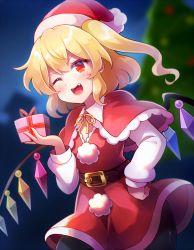 Rule 34 | 1girl, 60mai, ;d, alternate costume, belt, black pantyhose, blonde hair, blurry, blurry background, blush, box, brown belt, capelet, christmas tree, commentary, cowboy shot, crystal, dress, fang, flandre scarlet, gift, gift box, hand on own hip, hand up, hat, holding, holding box, long hair, long sleeves, looking at viewer, neck ribbon, night, night sky, one eye closed, one side up, open mouth, outdoors, pantyhose, pom pom (clothes), red capelet, red dress, red eyes, red hat, ribbon, santa costume, santa hat, short dress, sidelocks, sky, smile, solo, standing, touhou, v-shaped eyebrows, wings, yellow ribbon
