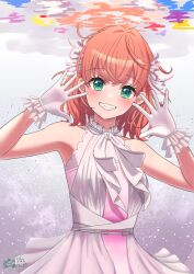 Rule 34 | 1girl, :d, blush, commentary request, crossed bangs, dated, dress, frilled gloves, frills, gloves, gradient dress, green eyes, grin, hampem7, hands up, highres, hinoshita kaho, layered dress, link! like! love live!, link to the future (love live!), looking at viewer, love live!, medium hair, open mouth, orange hair, pink dress, sleeveless, sleeveless dress, smile, solo, twitter username, two side up, underwater, virtual youtuber, white dress, white gloves