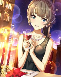 Rule 34 | 10s, 1girl, alcohol, alternate hairstyle, artist request, bare shoulders, blush, cityscape, cup, drinking glass, earrings, heterochromia, idolmaster, idolmaster cinderella girls, jewelry, looking at viewer, mole, mole under eye, necklace, night, night sky, official art, restaurant, sky, smile, solo, takagaki kaede, wine, wine glass