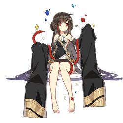 Rule 34 | 1girl, bare legs, bare shoulders, barefoot, black hair, chinese clothes, detached sleeves, floating, floating object, full body, hair ornament, honkai (series), honkai impact 3rd, long hair, nuwa (honkai impact), official art, red eyes, red snake, scales, scroll, sitting, snake, third-party source, transparent background