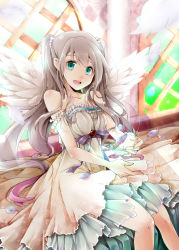 Rule 34 | 1girl, akatsuki hijiri, angel wings, bare shoulders, brown hair, collarbone, dress, feathers, frills, gradient hair, green eyes, layered dress, long hair, looking at viewer, multicolored hair, original, sitting, smile, solo, strapless, strapless dress, twintails, window, wings