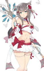 Rule 34 | 1girl, animal ears, bandeau, blue eyes, braid, breasts, cat ears, cat tail, cleavage, crop top, detached collar, detached sleeves, final fantasy, final fantasy xiv, flower, grey hair, hair flower, hair ornament, highres, holding, holding staff, long hair, looking at viewer, medium breasts, miqo&#039;te, mokokoiro, navel, pleated skirt, skirt, smile, solo, staff, tail, thigh strap, twin braids, warrior of light (ff14), white background, white mage (final fantasy)