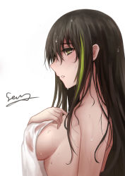Rule 34 | 1girl, absurdres, bad id, bad pixiv id, blush, breasts, brown eyes, brown hair, covering privates, from side, girls&#039; frontline, green hair, hair between eyes, half-closed eyes, highres, holding, long hair, looking at viewer, m4a1 (girls&#039; frontline), medium breasts, multicolored hair, naked towel, nude cover, parted lips, selcky, sidelocks, signature, simple background, solo, streaked hair, towel, water drop, wet, white background
