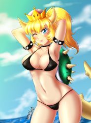 Rule 34 | &gt;;p, 1girl, 2018, ;p, absurdres, alternate costume, armlet, armpits, arms behind head, arms up, bare arms, bare legs, bare shoulders, beach, bikini, black bikini, black choker, blonde hair, blue eyes, blush, bowsette, breasts, brown horns, choker, cleavage, closed mouth, cloud, collarbone, crown, danmakuman, day, female focus, hair between eyes, highres, horns, large breasts, legs, long hair, looking at viewer, mario (series), monster girl, naughty face, navel, neck, new super mario bros. u deluxe, nintendo, ocean, one eye closed, outdoors, ponytail, shell, sky, solo, spiked armlet, spiked shell, spiked tail, spikes, standing, string bikini, super crown, swimsuit, tail, tongue, tongue out, turtle shell, water, wink