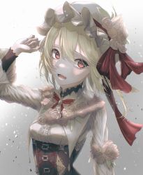 Rule 34 | 1girl, absurdres, alternate costume, blonde hair, fang, flandre scarlet, flower, gradient background, grey background, hair between eyes, hat, highres, light particles, looking at viewer, mob cap, open mouth, red eyes, red ribbon, ribbon, simple background, slit pupils, solo, teeth, tongue, touhou, tqg 07, upper body, white hat