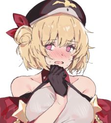 Rule 34 | 1girl, aogisa, azur lane, bare shoulders, beret, black gloves, blonde hair, blush, breasts, character request, copyright request, gloves, hair ornament, hair ribbon, hand up, hat, highres, looking at viewer, medium hair, open mouth, purple eyes, red ribbon, ribbon, simple background, single glove, solo, sweatdrop, white background