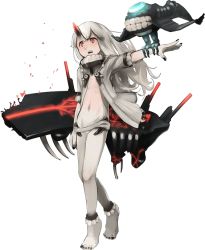 Rule 34 | 10s, 1girl, abyssal ship, ankle cuffs, barefoot, black nails, blush, broken, cannon, collar, colored skin, enemy aircraft (kancolle), escort princess, flat chest, full body, horns, kantai collection, long hair, nail polish, navel, no pants, official art, open clothes, open mouth, open shirt, outstretched arm, red eyes, red skin, revealing clothes, shibafu (glock23), shirt, single horn, solo, transparent background, white hair, white skin