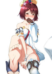 Rule 34 | 1girl, atelier (series), atelier sophie, bare shoulders, blush, bottomless, brown eyes, brown hair, covering own mouth, embarrassed, feet, foot focus, frilled thighhighs, frills, highres, looking at viewer, maanii, short hair, simple background, soles, solo, solo focus, sophie neuenmuller, tears, thighhighs, white background, white thighhighs
