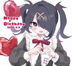 Rule 34 | 1girl, :d, ame-chan (needy girl overdose), balloon, black eyes, black hair, blue bow, blush, bow, dated, hair ornament, hair over one eye, hands up, happy birthday, heart, heart balloon, heart hands, kabe (zp66104), long hair, long sleeves, looking at viewer, neck ribbon, needy girl overdose, open mouth, pink bow, puffy long sleeves, puffy sleeves, purple bow, red ribbon, ribbon, smile, solo, twintails, upper body, white background, x hair ornament