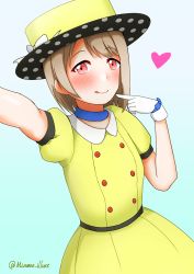 Rule 34 | 1girl, :p, absurdres, artist name, artist request, blue bow, blue choker, blush, bow, bow gloves, breasts, brown hair, buttons, choker, collarbone, collared shirt, female focus, gloves, grey hair, hat, hat bow, heart, highres, light brown hair, looking at viewer, love live!, love live! nijigasaki high school idol club, love live! school idol festival, mizunoe illust, nakasu kasumi, one eye closed, parted lips, polka dot, polka dot headwear, polka dot skirt, poppin&#039; up (love live!), puffy short sleeves, puffy sleeves, purple eyes, red eyes, shirt, short hair, short sleeves, skirt, small breasts, smile, solo, tongue, tongue out, white bow, white gloves, yellow hat, yellow shirt, yellow skirt