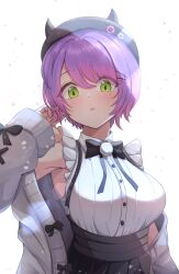 Rule 34 | 1girl, :o, absurdres, black hat, black skirt, breasts, commentary request, green eyes, grey sweater, hair ornament, hashira 14, hat, highres, hololive, large breasts, looking at viewer, multicolored hair, pink hair, purple hair, short hair, simple background, skirt, solo, sweater, tokoyami towa, two-tone hair, virtual youtuber, white background, x hair ornament