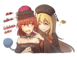 Rule 34 | ^ ^, blonde hair, chain, chinese clothes, chinese hat, closed eyes, clothing cutout, collar, collarbone, hat, heart, hecatia lapislazuli, jewelry, junko (touhou), keiko (emoticon), long hair, low-cut, planet, poking, red eyes, red hair, ribbon, ring, shirt, short hair, shoulder cutout, t-shirt, touhou, translated