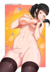 Rule 34 | 1girl, ^ ^, abs, absurdres, black hair, blunt bangs, blush, breasts, closed eyes, cum, ejaculation, en&#039;en no shouboutai, fire, floral background, futanari, happy, highres, large breasts, maki oze, navel, nude, patreon username, penis, ponytail, smile, solo, stomach, tank top, testicles, thighhighs, tofuubear, toned