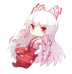 Rule 34 | &gt;:), 1girl, arm garter, baggy pants, chibi, cuivre, fujiwara no mokou, full body, hair ribbon, hands in pockets, long hair, long sleeves, looking at viewer, lowres, no nose, pants, puffy long sleeves, puffy sleeves, red eyes, red pants, ribbon, shirt, slit pupils, solo, suspenders, touhou, tress ribbon, v-shaped eyebrows, very long hair, white background, white hair, white shirt