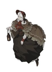 Rule 34 | 1girl, ascot, bloodborne, blush, bonnet, brown footwear, cloak, doll joints, dress, flower, hat, highres, holding lamp, joints, la bo chu shi, looking at viewer, plain doll, red ascot, red hat, shoes, short hair, simple background, solo, white background, white hair
