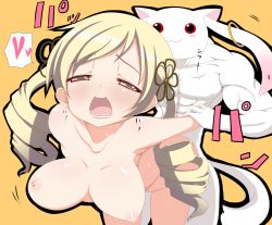 Rule 34 | 10s, 1girl, :3, bent over, blonde hair, blush, body blush, bouncing breasts, breasts, colored skin, drill hair, hair ornament, interspecies, kuronekogata, kyubey, large breasts, mahou shoujo madoka magica, mahou shoujo madoka magica (anime), moaning, monster, muscular, nipples, nude, red eyes, sex, tomoe mami, twin drills, twintails, vaginal, white skin
