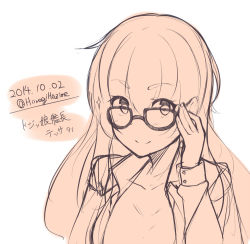 Rule 34 | 1girl, glasses, long hair, looking at viewer, monochrome, shuuichi, simple background, sketch, smile, solo, translation request, white background