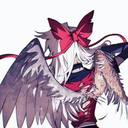 Rule 34 | 1girl, angel wings, back, bow, feathered wings, feathers, from behind, grey feathers, growing feathers, hair bow, hazbin hotel, highres, long hair, miguashufulei1, red bow, simple background, solo, tearing clothes, torn clothes, upper body, vaggie, white background, wings