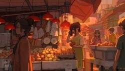 Rule 34 | 4boys, 6+girls, absurdres, apple, bell pepper, black hair, brown eyes, brown hair, city, crowd, dated, evening, food, from behind, from side, fruit, hair between eyes, high ponytail, highres, holding, holding food, holding fruit, horns, hua ming wink, long hair, looking ahead, looking to the side, market, market stall, medium hair, multiple boys, multiple girls, oni horns, open mouth, original, pepper, pointy ears, potato, pumpkin, scenery, shirt, solo focus, sportswear, squash, sunlight, talking on phone, vegetable, watermark, white shirt