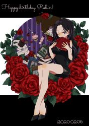 Rule 34 | 1girl, black dress, black hair, book, commentary request, crossed legs, dress, flower, food, fork, full body, happy birthday, high heels, highres, invisible chair, light smile, long hair, nico robin, noise pp, one eye closed, one piece, pastry, plate, purple eyes, red flower, red rose, rose, short dress, sitting, solo