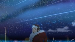 Rule 34 | 1boy, bara, beard, blush, breath, brown hair, facial hair, goatee, highres, hood, hoodie, long sideburns, looking at viewer, male focus, multicolored hair, pointy ears, santa costume, shooting star, sideburns, sky, smile, snowflakes, solo, sparkle, star (sky), starry sky, tepen (tptptpn), tokyo houkago summoners, tomte (housamo), upper body