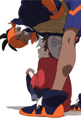Rule 34 | 2boys, bad id, bad twitter id, beanie, bent over, black hair, black hoodie, brown hair, cable knit, commentary request, creatures (company), dark-skinned male, dark skin, eye contact, from below, game freak, green eyes, grey headwear, gym leader, hand in pocket, hat, highres, hood, hoodie, kneepits, looking at another, male focus, multiple boys, nintendo, open mouth, orange headwear, pokemon, pokemon swsh, raihan (pokemon), red shirt, sankaku, shirt, shoes, shorts, sitting, sleeves rolled up, undercut, victor (pokemon)