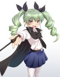 Rule 34 | 1girl, :d, anchovy (girls und panzer), anzio school uniform, belt, beni (bluebluesky), black belt, black cape, black necktie, black ribbon, black skirt, blurry, blurry foreground, cape, commentary, cowboy shot, depth of field, dress shirt, drill hair, girls und panzer, gradient background, green hair, grey background, hair ribbon, highres, holding, long hair, long sleeves, looking at viewer, miniskirt, necktie, open mouth, pantyhose, pleated skirt, red eyes, ribbon, riding crop, school uniform, shirt, skirt, smile, solo, standing, twin drills, twintails, v-shaped eyebrows, white pantyhose, white shirt