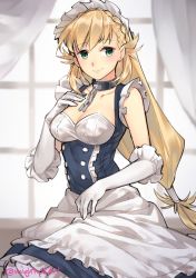 Rule 34 | 1girl, alternate costume, apron, azur lane, belfast (azur lane), belfast (azur lane) (cosplay), black dress, blonde hair, blush, braid, breasts, chain, cleavage, cosplay, dress, elbow gloves, enmaided, fire emblem, fire emblem heroes, ge-b, gloves, green eyes, long hair, looking at viewer, maid, maid headdress, nintendo, sharena (fire emblem), simple background, smile, solo, very long hair