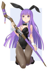 Rule 34 | 1girl, animal ears, bow, bowtie, breasts, detached collar, expressionless, fern (sousou no frieren), full body, high heels, highres, holding, holding staff, katahira masashi, kneeling, large breasts, leotard, long hair, pantyhose, playboy bunny, purple eyes, purple hair, rabbit ears, solo, sousou no frieren, staff, strapless, strapless leotard, thigh gap, wrist cuffs