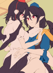 Rule 34 | 2girls, bird wings, black hair, black skirt, blue dress, blue headwear, breasts, closed mouth, commentary request, dress, eye contact, eyes visible through hair, flat color, foot out of frame, hair between eyes, hat, iizunamaru megumu, large breasts, long hair, looking at another, medium hair, multiple girls, pointy ears, profile, red eyes, red headwear, shameimaru aya, shirt, skirt, smile, tama (soon32281), tokin hat, touhou, white shirt, wings, unfinished, yuri