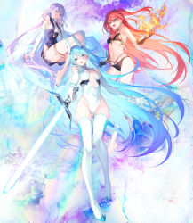 Rule 34 | 3girls, absurdres, bare shoulders, barefoot, bikini, black bra, black gloves, black panties, blue eyes, blue hair, boots, bra, breasts, bridal gauntlets, chestnut mouth, cover, cover page, elbow gloves, gloves, hair between eyes, highres, holding, holding weapon, impossible clothes, long hair, looking at viewer, multiple girls, no bra, no panties, no shoes, official art, open mouth, panties, purple eyes, purple hair, red hair, seiken gakuin no maken tsukai, side ponytail, swimsuit, sword, thighhighs, toosaka asagi, underwear, veira (seiken gakuin no maken tsukai), very long hair, weapon, white gloves, yellow eyes