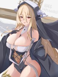 Rule 34 | 1girl, azur lane, bare shoulders, black gloves, blonde hair, breasts, character name, cleavage, covered navel, cowboy shot, fake horns, gloves, habit, hair between eyes, half gloves, hand on own chest, highres, horns, huge breasts, implacable (azur lane), long hair, long sleeves, looking at viewer, nun, pelvic curtain, red eyes, revealing clothes, see-through, solo, veil, very long hair, white horns, wide sleeves, zerosama (sailuojiang)