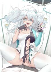 Rule 34 | 1girl, black gloves, black panties, blue eyes, blue hair, breasts, c8oyk, florence (neural cloud), girls&#039; frontline, girls&#039; frontline neural cloud, gloves, hands up, heart, heart-shaped pupils, highres, holding, holding syringe, long hair, looking at viewer, medium breasts, open mouth, pa-15 (girls&#039; frontline), panties, partially visible vulva, pill, solo, spread legs, symbol-shaped pupils, syringe, teeth, thighhighs, twintails, underwear, upper teeth only, white thighhighs