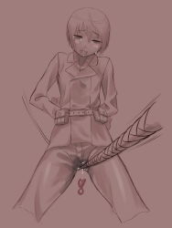 Rule 34 | 00s, 1girl, ahegao, androgynous, arms behind back, bdsm, belt, blush, bondage, bound, bound arms, cowboy shot, cropped legs, crotch rope, crotch rub, crotch tie rope, empty eyes, flat chest, formal, hutamaru, kino (kino no tabi), kino no tabi, monochrome, open mouth, pants, pouch, pussy juice, pussy juice drip through clothes, rope, rope walking, saliva, short hair, simple background, solo, spot color, standing, suit, sweat, tears, tongue, tongue out, wet, wet clothes