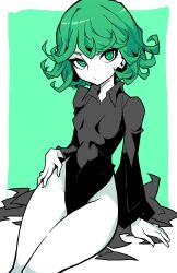 Rule 34 | 1girl, akableak, arm support, black dress, border, breasts, closed mouth, collared dress, curly hair, dress, green background, green eyes, green hair, groin, highres, long sleeves, looking at viewer, no panties, one-punch man, short hair, sitting, small breasts, solo, tatsumaki, white border