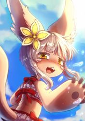 Rule 34 | 1girl, :3, :d, animal ears, bare arms, bikini, blue sky, blush, bow, commentary request, day, frilled bikini, frills, from behind, furry, furry female, grey hair, looking at viewer, looking back, made in abyss, nanachi (made in abyss), open mouth, outdoors, red bow, ria (efikrisia), short hair, short hair with long locks, sky, smile, solo, standing, swimsuit, tail, water