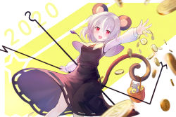 Rule 34 | 1girl, 2020, :d, animal ears, arm up, black skirt, black vest, blush, breasts, capelet, chinese commentary, coin, commentary request, dowsing rod, feet out of frame, grey capelet, grey hair, hair between eyes, highres, holding, jewelry, long sleeves, looking at viewer, mo xiaoxue, mouse ears, nazrin, open mouth, pendant, red eyes, shirt, short hair, skirt, skirt set, small breasts, smile, solo, standing, touhou, two-tone background, vest, white background, white shirt, yellow background