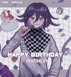 Rule 34 | 1boy, cake, checkered clothes, checkered scarf, commentary, confetti, danganronpa (series), danganronpa v3: killing harmony, dated, dice, flipped hair, food, food on face, fork, grey jacket, grey pants, hair between eyes, hand up, happy birthday, highres, holding, holding fork, jacket, looking at viewer, male focus, michi (michiisidayo), oma kokichi, pants, pink eyes, purple hair, scarf, smile, solo, strawberry shortcake