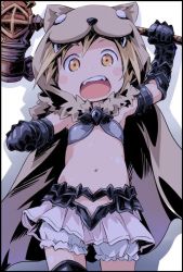 Rule 34 | 1girl, blonde hair, bloomers, blush stickers, cape, child, djeeta (granblue fantasy), female focus, gloves, granblue fantasy, ham (points), hammer, hat, midriff, navel, open mouth, skirt, solo, underwear, weapon, aged down
