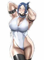 Rule 34 | 1girl, arika, armband, armpits, bare shoulders, black gloves, black thighhighs, blair dame, blue hair, blush, boots, breasts, capcom, cleavage, collarbone, covered navel, detached collar, female focus, fighting layer, folded ponytail, gloves, gluteal fold, green eyes, highleg, highleg leotard, highres, large breasts, leotard, looking at viewer, muscular, muscular female, one eye closed, parted lips, pink lips, shiibara tetsu, signature, simple background, smile, solo, standing, street fighter, street fighter ex (series), thick thighs, thigh boots, thighhighs, thighs, white background, white leotard
