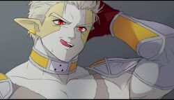 1boy blonde_hair choker colored_skin cross_scar dragon_ball dragon_ball_heroes earrings gloves gold_earrings grey_background grey_sleeves hair_slicked_back hand_in_own_hair hearts_(dragon_ball) jewelry licking_lips looking_ahead male_focus multicolored_skin muscular muscular_male nana_tsuba_(pixiv78353289) pointy_ears red_eyes red_gloves scar short_hair solo sweat teeth third-party_source tongue tongue_out topless_male two-tone_skin upper_body yellow_skin