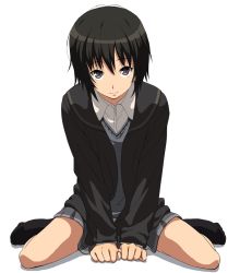 Rule 34 | 1girl, amagami, arm support, between legs, black eyes, black hair, black socks, closed mouth, collared shirt, commentary request, grey shirt, grey skirt, hair between eyes, hand between legs, long sleeves, looking at viewer, nanasaki ai, pleated skirt, school uniform, shimejirou, shirt, short hair, simple background, sitting, skirt, smile, socks, solo, wariza, white background, white shirt