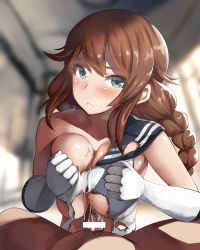 Rule 34 | 10s, 1boy, 1girl, bad id, bad pixiv id, bar censor, bare shoulders, belko, between breasts, blurry, blush, braid, breasts, breasts squeezed together, brown hair, burnt clothes, censored, cleavage, closed mouth, clothed female nude male, collarbone, cum, cum on body, cum on breasts, cum on upper body, day, depth of field, elbow gloves, eyelashes, frown, gloves, green eyes, hallway, hetero, highres, indoors, kantai collection, large breasts, long hair, looking at viewer, lower body, lying, no bra, noshiro (kancolle), nude, off shoulder, on back, paizuri, penis, raised eyebrows, school uniform, serafuku, shirt, single braid, sleeveless, sleeveless shirt, solo focus, spread legs, sunlight, sweat, tareme, torn clothes, torn shirt, upper body, white gloves, white shirt