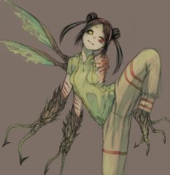 Rule 34 | 129adam, 1girl, arthropod girl, black hair, breasts, double bun, hair bun, heterochromia, highres, insect wings, legs, monster girl, original, red eyes, resolution mismatch, short hair, small breasts, source smaller, standing, standing on one leg, symbol-shaped pupils, twintails, wings, yellow eyes