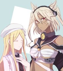 Rule 34 | 10s, 2girls, aoki hagane no arpeggio, aoki shizumi, bad id, bad pixiv id, blonde hair, breasts, budget sarashi, closed eyes, colored eyelashes, crossover, dark-skinned female, dark skin, glasses, hand on own hip, hand on own chest, hat, kantai collection, large breasts, long hair, looking at viewer, multiple girls, musashi (aoki hagane no arpeggio), musashi (kancolle), musashi kai (kancolle), name connection, necktie, red eyes, sarashi, sweatdrop, underboob